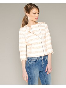 Erin Biker Jacket - pattern: horizontal stripes; collar: round collar/collarless; style: boxy; secondary colour: white; predominant colour: coral; occasions: casual; length: standard; fit: straight cut (boxy); fibres: cotton - 100%; sleeve length: 3/4 length; sleeve style: standard; collar break: high; pattern type: fabric; pattern size: standard; texture group: tweed - light/midweight