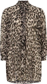 Leopard Print Dress - style: shirt; length: mid thigh; fit: loose; bust detail: ruching/gathering/draping/layers/pintuck pleats at bust; predominant colour: chocolate brown; secondary colour: stone; occasions: casual, evening, work; fibres: polyester/polyamide - 100%; neckline: no opening/shirt collar/peter pan; sleeve length: 3/4 length; sleeve style: standard; texture group: sheer fabrics/chiffon/organza etc.; trends: statement prints; pattern type: fabric; pattern size: big & busy; pattern: animal print