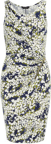 Ink And Lime Zip Wrap Dress - style: shift; neckline: round neck; sleeve style: standard vest straps/shoulder straps; waist detail: twist front waist detail/nipped in at waist on one side/soft pleats/draping/ruching/gathering waist detail; hip detail: fitted at hip; secondary colour: ivory; predominant colour: navy; occasions: evening; length: just above the knee; fit: body skimming; fibres: viscose/rayon - stretch; sleeve length: sleeveless; pattern type: fabric; pattern size: small & busy; pattern: patterned/print; texture group: jersey - stretchy/drapey