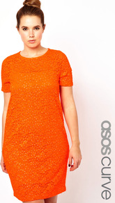 Curve Shift Dress In Sparkle Lace - style: shift; fit: tailored/fitted; pattern: plain; predominant colour: bright orange; occasions: evening, occasion; length: just above the knee; fibres: polyester/polyamide - stretch; neckline: crew; sleeve length: short sleeve; sleeve style: standard; texture group: lace; pattern type: fabric; embellishment: sequins