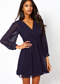 Blouson Sleeve Wrap Dress With Embellished Cuff - style: faux wrap/wrap; length: mid thigh; neckline: low v-neck; fit: fitted at waist; pattern: plain; sleeve style: balloon; waist detail: twist front waist detail/nipped in at waist on one side/soft pleats/draping/ruching/gathering waist detail; predominant colour: navy; occasions: evening, occasion; fibres: polyester/polyamide - 100%; hip detail: soft pleats at hip/draping at hip/flared at hip; sleeve length: long sleeve; texture group: sheer fabrics/chiffon/organza etc.; trends: volume; pattern type: fabric; embellishment: beading