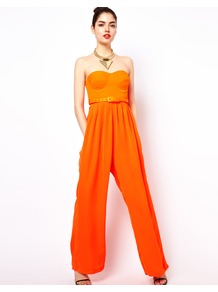 Jagger Jumpsuit With Bodice Top - length: standard; neckline: strapless (straight/sweetheart); pattern: plain; sleeve style: strapless; hip detail: side pockets at hip; waist detail: belted waist/tie at waist/drawstring; predominant colour: bright orange; occasions: evening, holiday; fit: fitted at waist & bust; fibres: polyester/polyamide - stretch; sleeve length: sleeveless; trends: fluorescent; style: jumpsuit; pattern type: fabric; texture group: other - light to midweight