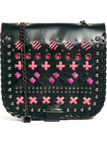 Leather Across Body Bag With Whipstitch Detail - predominant colour: black; secondary colour: black; occasions: casual, holiday; type of pattern: heavy; style: shoulder; length: across body/long; size: small; material: leather; embellishment: embroidered; finish: plain; pattern: patterned/print