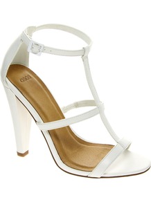 Hostage Heeled Sandals - predominant colour: white; occasions: casual, evening; material: faux leather; heel height: high; ankle detail: ankle strap; heel: cone; toe: open toe/peeptoe; style: strappy; finish: plain; pattern: plain