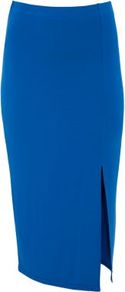 Blue Split Side Midi Skirt - pattern: plain; style: pencil; fit: tailored/fitted; waist: mid/regular rise; predominant colour: royal blue; occasions: evening, work, occasion; length: on the knee; fibres: viscose/rayon - stretch; texture group: jersey - clingy; pattern type: fabric
