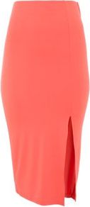 Coral Split Side Midi Skirt - length: below the knee; pattern: plain; style: pencil; fit: tight; waist: mid/regular rise; predominant colour: bright orange; occasions: evening, work, occasion, holiday; fibres: viscose/rayon - stretch; texture group: jersey - clingy; pattern type: fabric