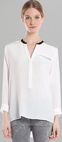 Shirt Eldorado Silk - neckline: v-neck; pattern: plain; length: below the bottom; bust detail: pocket detail at bust; style: blouse; predominant colour: white; secondary colour: black; occasions: casual, evening, work; fibres: silk - 100%; fit: straight cut; sleeve length: 3/4 length; sleeve style: standard; texture group: silky - light; pattern type: fabric