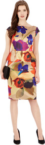 Danita Duchess Satin Dress - style: shift; neckline: slash/boat neckline; sleeve style: capped; fit: tailored/fitted; waist detail: peplum waist detail; secondary colour: navy; predominant colour: gold; occasions: evening, occasion; length: on the knee; fibres: polyester/polyamide - stretch; hip detail: soft pleats at hip/draping at hip/flared at hip; sleeve length: sleeveless; texture group: structured shiny - satin/tafetta/silk etc.; trends: high impact florals; pattern type: fabric; pattern size: big & busy; pattern: florals
