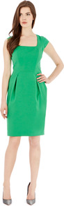 Margot Dress - sleeve style: capped; fit: tailored/fitted; pattern: plain; waist detail: fitted waist; style: tulip; predominant colour: emerald green; occasions: evening, work, occasion; length: just above the knee; fibres: cotton - stretch; hip detail: structured pleats at hip; sleeve length: sleeveless; texture group: crepes; trends: glamorous day shifts; neckline: low square neck; pattern type: fabric