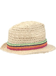 Macramé Trim Straw Trilby Hat - secondary colour: bright orange; predominant colour: stone; occasions: casual, holiday; type of pattern: standard; style: trilby; size: standard; material: macrame/raffia/straw; embellishment: ribbon; pattern: plain