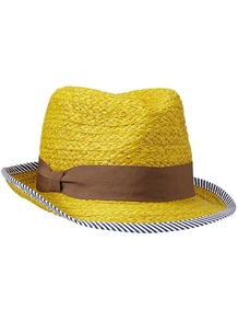 Stripe Trim Straw Fedora - predominant colour: yellow; secondary colour: chocolate brown; occasions: casual, holiday; type of pattern: light; style: trilby; size: standard; material: macrame/raffia/straw; embellishment: ribbon; pattern: striped