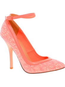 Pout Pointed High Heels - predominant colour: coral; occasions: evening, occasion; material: lace; heel height: high; ankle detail: ankle strap; heel: stiletto; toe: pointed toe; style: courts; finish: plain; pattern: plain; embellishment: lace