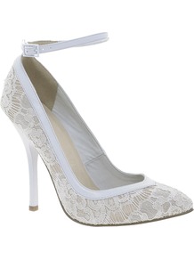 Pout Pointed High Heels - predominant colour: white; occasions: evening, occasion; material: lace; heel height: high; ankle detail: ankle strap; heel: stiletto; toe: pointed toe; style: courts; finish: plain; pattern: plain; embellishment: lace