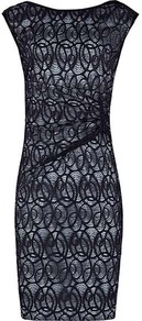 Alma Gathered Lace Dress - style: shift; neckline: slash/boat neckline; sleeve style: capped; fit: tailored/fitted; waist detail: fitted waist; back detail: low cut/open back; secondary colour: pale blue; predominant colour: navy; occasions: evening, work, occasion; length: just above the knee; sleeve length: sleeveless; texture group: lace; pattern type: fabric; pattern size: small & light; pattern: patterned/print; fibres: viscose/rayon - mix; embellishment: lace