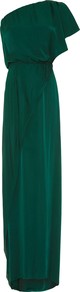 Zoe One Shoulder Dress - neckline: v-neck; fit: fitted at waist; pattern: plain; style: maxi dress; sleeve style: asymmetric sleeve; waist detail: elasticated waist; predominant colour: dark green; occasions: evening, occasion; length: floor length; fibres: viscose/rayon - 100%; hip detail: soft pleats at hip/draping at hip/flared at hip; shoulder detail: asymmetric shoulder detail/one shoulder; sleeve length: sleeveless; pattern type: fabric; texture group: jersey - stretchy/drapey