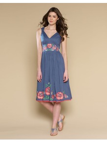 Bella Embellished Sundress - length: below the knee; neckline: low v-neck; sleeve style: sleeveless; waist detail: embellishment at waist/feature waistband; secondary colour: pink; predominant colour: indigo; occasions: casual, evening, holiday; fit: fitted at waist & bust; style: fit & flare; fibres: cotton - 100%; hip detail: soft pleats at hip/draping at hip/flared at hip; shoulder detail: flat/draping pleats/ruching/gathering at shoulder; sleeve length: sleeveless; texture group: cotton feel fabrics; pattern type: fabric; pattern size: small & light; pattern: florals; embellishment: embroidered