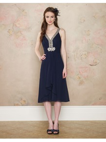 Harriet Dress - length: below the knee; neckline: low v-neck; pattern: plain; sleeve style: sleeveless; bust detail: added detail/embellishment at bust; waist detail: twist front waist detail/nipped in at waist on one side/soft pleats/draping/ruching/gathering waist detail; predominant colour: navy; occasions: evening, occasion; fit: fitted at waist & bust; style: fit & flare; fibres: polyester/polyamide - 100%; hip detail: soft pleats at hip/draping at hip/flared at hip; back detail: keyhole/peephole detail at back; sleeve length: sleeveless; texture group: sheer fabrics/chiffon/organza etc.; pattern type: fabric; embellishment: beading