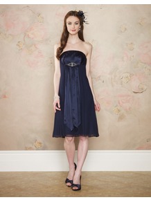 Diana Dress - style: empire line; neckline: strapless (straight/sweetheart); fit: empire; pattern: plain; sleeve style: strapless; waist detail: twist front waist detail/nipped in at waist on one side/soft pleats/draping/ruching/gathering waist detail; bust detail: ruching/gathering/draping/layers/pintuck pleats at bust; predominant colour: navy; occasions: evening, occasion; length: on the knee; fibres: silk - 100%; sleeve length: sleeveless; texture group: sheer fabrics/chiffon/organza etc.; pattern type: fabric; embellishment: jewels