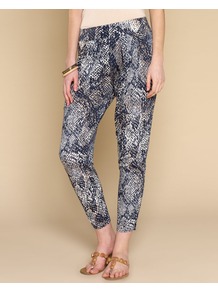 Savannah Snake Print Trouser - style: harem/slouch; waist detail: elasticated waist; waist: mid/regular rise; secondary colour: ivory; predominant colour: navy; occasions: casual, evening, holiday; length: ankle length; fibres: viscose/rayon - 100%; trends: statement prints; fit: tapered; pattern type: fabric; pattern size: standard; pattern: animal print; texture group: other - light to midweight