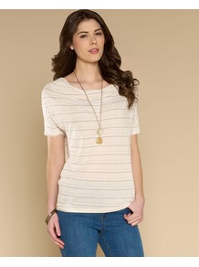 Sophie Stripe Top - neckline: round neck; pattern: horizontal stripes; style: t-shirt; predominant colour: ivory; occasions: casual, holiday; length: standard; fit: body skimming; sleeve length: short sleeve; sleeve style: standard; pattern type: knitted - fine stitch; pattern size: standard; texture group: jersey - stretchy/drapey; fibres: viscose/rayon - mix