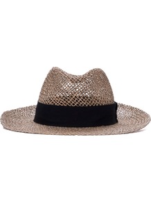 Open Weave Trilby - predominant colour: stone; secondary colour: black; type of pattern: small; style: trilby; size: standard; material: macrame/raffia/straw; embellishment: ribbon; pattern: plain; occasions: holiday