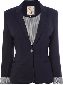 Navy Jersey Blazer - pattern: plain; style: single breasted blazer; collar: standard lapel/rever collar; predominant colour: navy; occasions: casual, evening, work; length: standard; fit: tailored/fitted; fibres: viscose/rayon - stretch; sleeve length: long sleeve; sleeve style: standard; collar break: medium; pattern type: fabric; texture group: other - light to midweight