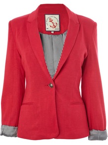 Raspberry Jersey Blazer - pattern: plain; style: single breasted blazer; collar: standard lapel/rever collar; predominant colour: true red; occasions: casual; length: standard; fit: tailored/fitted; fibres: viscose/rayon - stretch; sleeve length: 3/4 length; sleeve style: standard; collar break: medium; pattern type: fabric; texture group: other - light to midweight