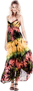 Dress - neckline: low v-neck; sleeve style: spaghetti straps; fit: empire; style: maxi dress; length: ankle length; secondary colour: yellow; fibres: cotton - 100%; predominant colour: multicoloured; sleeve length: sleeveless; texture group: cotton feel fabrics; occasions: holiday; pattern type: fabric; pattern size: big & busy; pattern: patterned/print