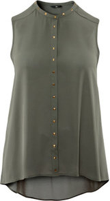 + Blouse - pattern: plain; sleeve style: sleeveless; neckline: high neck; style: blouse; predominant colour: khaki; occasions: casual, evening; length: standard; fibres: polyester/polyamide - 100%; fit: loose; back detail: longer hem at back than at front; sleeve length: sleeveless; texture group: crepes; pattern type: fabric; embellishment: studs
