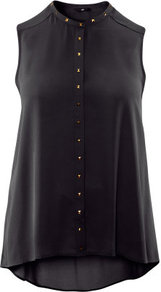 + Blouse - pattern: plain; sleeve style: sleeveless; neckline: high neck; style: blouse; predominant colour: black; occasions: evening; length: standard; fibres: polyester/polyamide - 100%; fit: loose; back detail: longer hem at back than at front; sleeve length: sleeveless; texture group: sheer fabrics/chiffon/organza etc.; pattern type: fabric; embellishment: studs