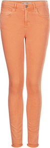 Moto Orange Leigh Jeans - style: skinny leg; length: standard; pattern: plain; pocket detail: traditional 5 pocket; waist: mid/regular rise; predominant colour: bright orange; occasions: casual, evening, holiday; fibres: cotton - stretch; jeans detail: washed/faded; texture group: denim; pattern type: fabric