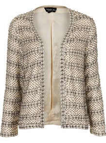 Tall Pearl Embellished Jacket - bust detail: added detail/embellishment at bust; collar: shawl/waterfall; style: boxy; predominant colour: nude; secondary colour: gold; occasions: evening, occasion; length: standard; fit: straight cut (boxy); fibres: viscose/rayon - 100%; sleeve length: long sleeve; sleeve style: standard; trends: metallics; collar break: low/open; pattern type: fabric; pattern size: small & busy; pattern: patterned/print; texture group: other - light to midweight; embellishment: pearls