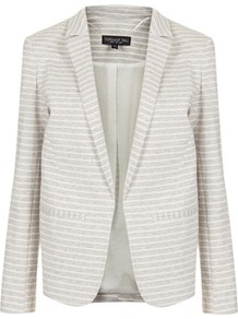 Tall Stripe Ponte Blazer - pattern: horizontal stripes; style: single breasted blazer; shoulder detail: shoulder pads; collar: standard lapel/rever collar; secondary colour: ivory; predominant colour: light grey; occasions: casual, evening, work, occasion, holiday; length: standard; fit: tailored/fitted; fibres: cotton - mix; waist detail: fitted waist; sleeve length: long sleeve; sleeve style: standard; trends: striking stripes; collar break: low/open; pattern type: fabric; pattern size: small & busy; texture group: jersey - stretchy/drapey
