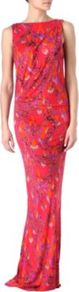 Cobra Drape Dress - sleeve style: sleeveless; style: maxi dress; back detail: low cut/open back; waist detail: twist front waist detail/nipped in at waist on one side/soft pleats/draping/ruching/gathering waist detail; hip detail: fitted at hip; bust detail: ruching/gathering/draping/layers/pintuck pleats at bust; predominant colour: true red; secondary colour: magenta; occasions: evening, occasion; length: floor length; fit: body skimming; fibres: viscose/rayon - 100%; neckline: crew; shoulder detail: flat/draping pleats/ruching/gathering at shoulder; sleeve length: sleeveless; pattern type: fabric; pattern size: small & busy; pattern: patterned/print; texture group: jersey - stretchy/drapey