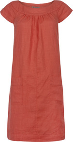 Linen Yoke Dress - style: tunic; length: mid thigh; neckline: round neck; pattern: plain; predominant colour: terracotta; occasions: casual; fit: straight cut; fibres: linen - 100%; sleeve length: short sleeve; sleeve style: standard; texture group: linen; pattern type: fabric
