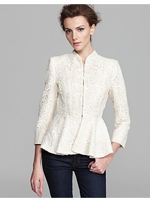Jacket Polly Peplum Lace - pattern: plain; style: single breasted blazer; collar: round collar/collarless; predominant colour: ivory; occasions: evening, work, occasion; length: standard; fit: tailored/fitted; fibres: cotton - mix; waist detail: peplum detail at waist; sleeve length: long sleeve; sleeve style: standard; texture group: lace; collar break: high; pattern type: fabric