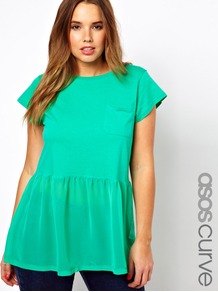 Curve Woven Hem Pocket T Shirt - pattern: plain; length: below the bottom; style: t-shirt; waist detail: peplum waist detail; predominant colour: mint green; occasions: casual, holiday; fibres: cotton - 100%; fit: loose; neckline: crew; hip detail: soft pleats at hip/draping at hip/flared at hip; bust detail: contrast pattern/fabric/detail at bust; sleeve length: short sleeve; sleeve style: standard; pattern type: fabric; texture group: jersey - stretchy/drapey