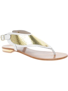 Metal Plate White Thong Sandals - predominant colour: white; secondary colour: gold; occasions: casual, evening, holiday; material: leather; heel height: flat; ankle detail: ankle strap; heel: standard; toe: toe thongs; style: flip flops / toe post; finish: metallic; pattern: colourblock; embellishment: chain/metal