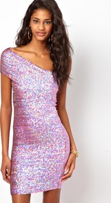 One Shoulder Mini Sequin Dress - length: mid thigh; neckline: v-neck; fit: tight; style: asymmetric (top); sleeve style: asymmetric sleeve; waist detail: fitted waist; predominant colour: lilac; occasions: evening, occasion; fibres: polyester/polyamide - stretch; shoulder detail: asymmetric shoulder detail/one shoulder; sleeve length: sleeveless; trends: metallics; pattern type: fabric; pattern size: small & busy; pattern: patterned/print; texture group: other - light to midweight; embellishment: sequins