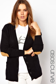 Curve Elbow Patch Cardigan - neckline: low v-neck; pattern: plain; bust detail: buttons at bust (in middle at breastbone)/zip detail at bust; secondary colour: camel; predominant colour: black; occasions: casual, work; length: standard; style: standard; fibres: acrylic - 100%; fit: standard fit; waist detail: front pockets at waist level; sleeve length: long sleeve; sleeve style: standard; texture group: knits/crochet; pattern type: knitted - fine stitch; embellishment: applique