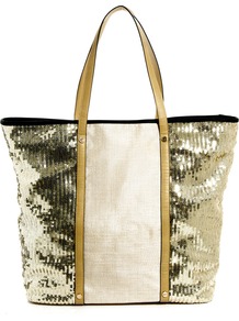 Sequin Panel Beach Tote - secondary colour: ivory; predominant colour: gold; occasions: casual, holiday; type of pattern: standard; style: tote; length: handle; size: oversized; material: fabric; embellishment: sequins; trends: metallics; finish: plain; pattern: colourblock