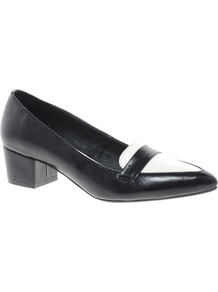 Social Pointed Heels - secondary colour: white; predominant colour: black; occasions: casual, evening, work; material: faux leather; heel height: mid; heel: block; toe: pointed toe; style: courts; finish: plain; pattern: colourblock