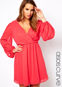 Curve Wrap Dress With Blouson Sleeve And Lace - style: faux wrap/wrap; neckline: low v-neck; fit: fitted at waist; pattern: plain; waist detail: elasticated waist; sleeve style: balloon; back detail: contrast pattern/fabric at back; bust detail: ruching/gathering/draping/layers/pintuck pleats at bust; predominant colour: coral; occasions: evening; length: just above the knee; fibres: polyester/polyamide - 100%; hip detail: soft pleats at hip/draping at hip/flared at hip; sleeve length: long sleeve; texture group: sheer fabrics/chiffon/organza etc.; trends: fluorescent; pattern type: fabric