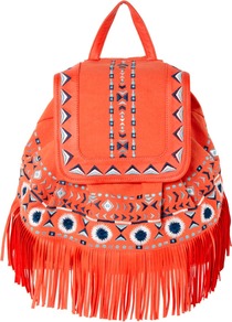 Fringe Detail Backpack - predominant colour: coral; occasions: casual, holiday; type of pattern: light; style: rucksack; length: rucksack; size: standard; material: fabric; embellishment: fringing; finish: plain; pattern: patterned/print