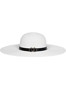 Kenway Wide Brim Hat - predominant colour: white; secondary colour: black; occasions: casual, holiday; type of pattern: standard; style: wide brimmed; size: large; material: macrame/raffia/straw; pattern: plain