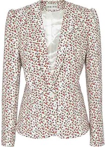 Lolli Print Vintage Print Jacket - style: single breasted blazer; collar: standard lapel/rever collar; predominant colour: ivory; occasions: casual, evening, work, occasion; length: standard; fit: tailored/fitted; fibres: polyester/polyamide - mix; waist detail: fitted waist; sleeve length: long sleeve; sleeve style: standard; collar break: medium; pattern type: fabric; pattern size: small & busy; pattern: florals; texture group: other - light to midweight; secondary colour: dusky pink