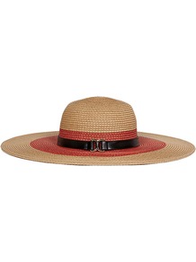 Kenway Wide Brim Hat - predominant colour: coral; secondary colour: camel; occasions: casual, holiday; type of pattern: standard; style: wide brimmed; size: large; material: macrame/raffia/straw; pattern: colourblock