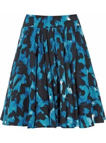 Alana Print Amanth Printed Skirt - length: mini; style: full/prom skirt; fit: loose/voluminous; waist: high rise; predominant colour: royal blue; secondary colour: black; occasions: evening, work, occasion, holiday; fibres: viscose/rayon - 100%; hip detail: soft pleats at hip/draping at hip/flared at hip; waist detail: narrow waistband; texture group: cotton feel fabrics; pattern type: fabric; pattern size: big & busy; pattern: patterned/print