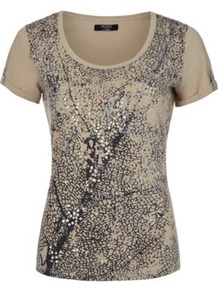 Moda Sequin T Shirt Multi - neckline: round neck; style: t-shirt; predominant colour: stone; secondary colour: black; occasions: casual; length: standard; fibres: cotton - 100%; fit: body skimming; bust detail: contrast pattern/fabric/detail at bust; sleeve length: short sleeve; sleeve style: standard; texture group: cotton feel fabrics; pattern type: fabric; pattern size: small & busy; pattern: patterned/print; embellishment: sequins