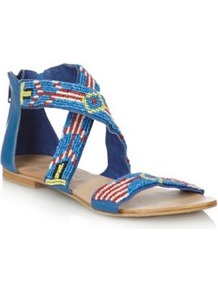 Designer Blue Beaded Strapped Flat Sandals - predominant colour: diva blue; secondary colour: yellow; occasions: casual, holiday; material: faux leather; heel height: flat; embellishment: beading; ankle detail: ankle strap; heel: standard; toe: open toe/peeptoe; style: strappy; finish: plain; pattern: patterned/print